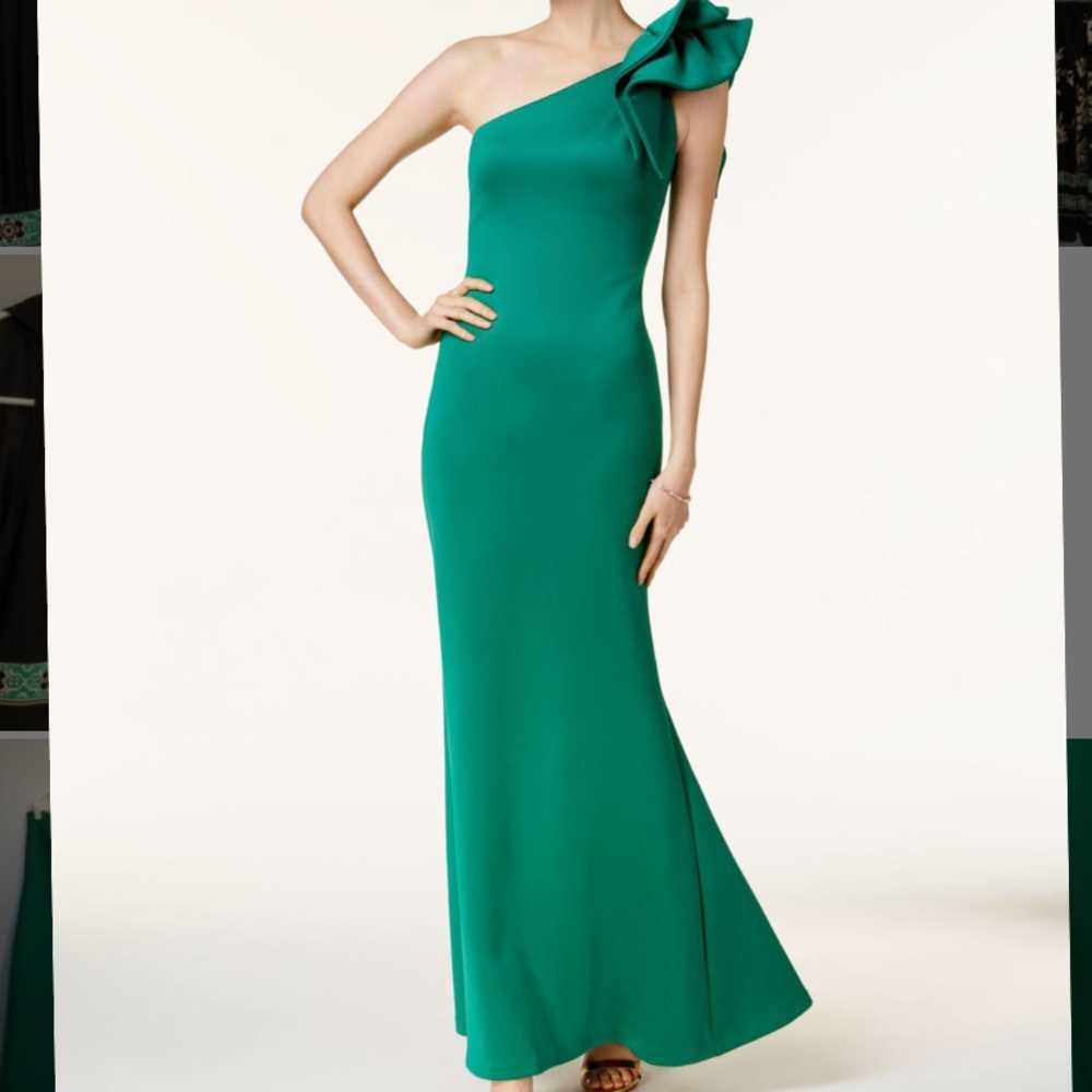 Betsy & Adam Green Ruffled One shoulder Scuba Gown